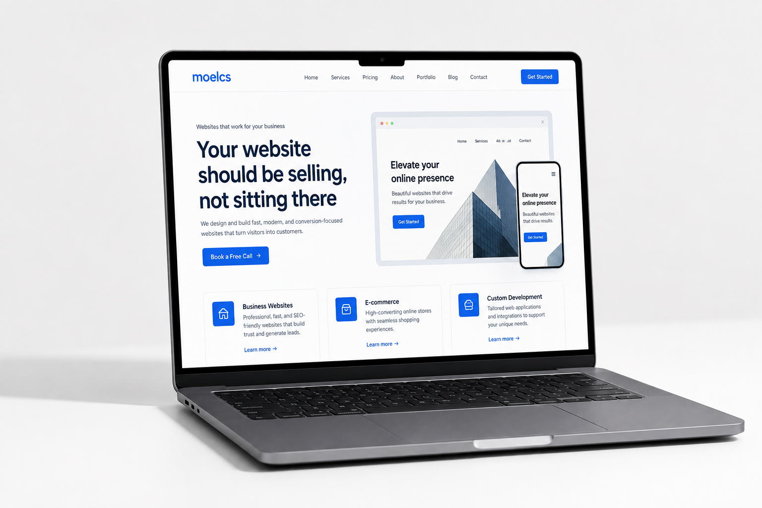 Modern professional website homepage displayed in a laptop browser frame