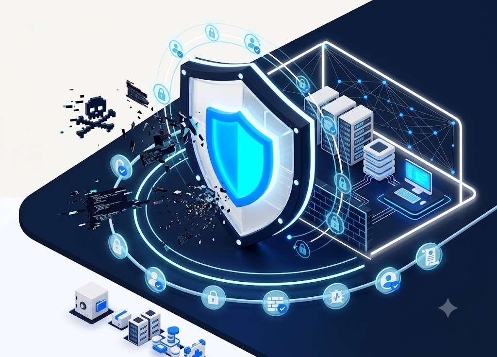 Cybersecurity shield protecting servers and data