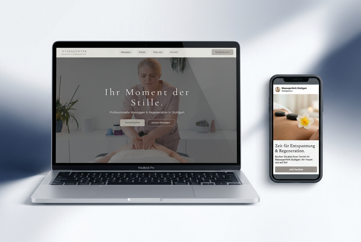 Massage studio website and paid ad mockup